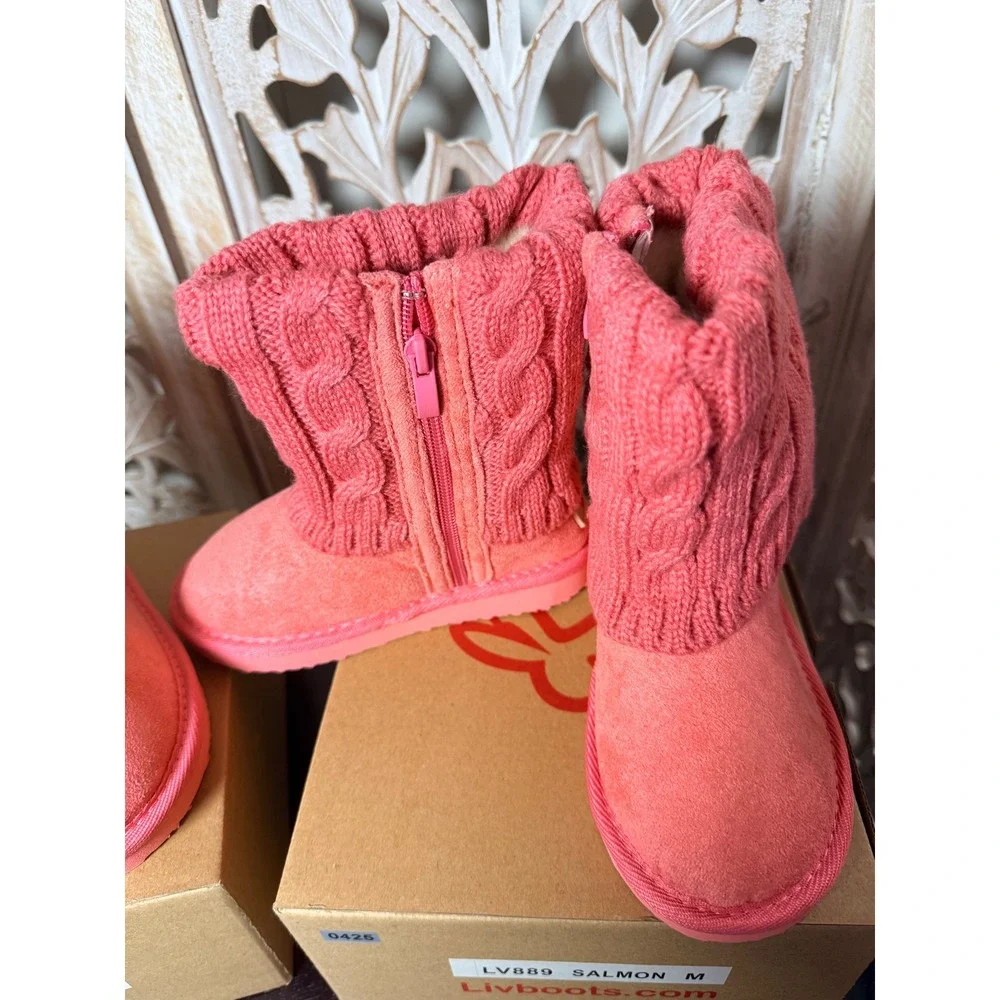 Livboots Kids Salmon Pink Faux Suede Winter Boots Cable Knit Sweater Cuff NEW
